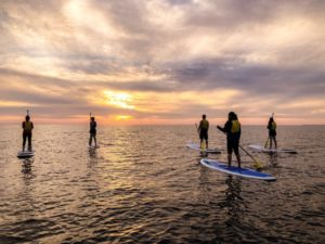 paddle boarding in sunset