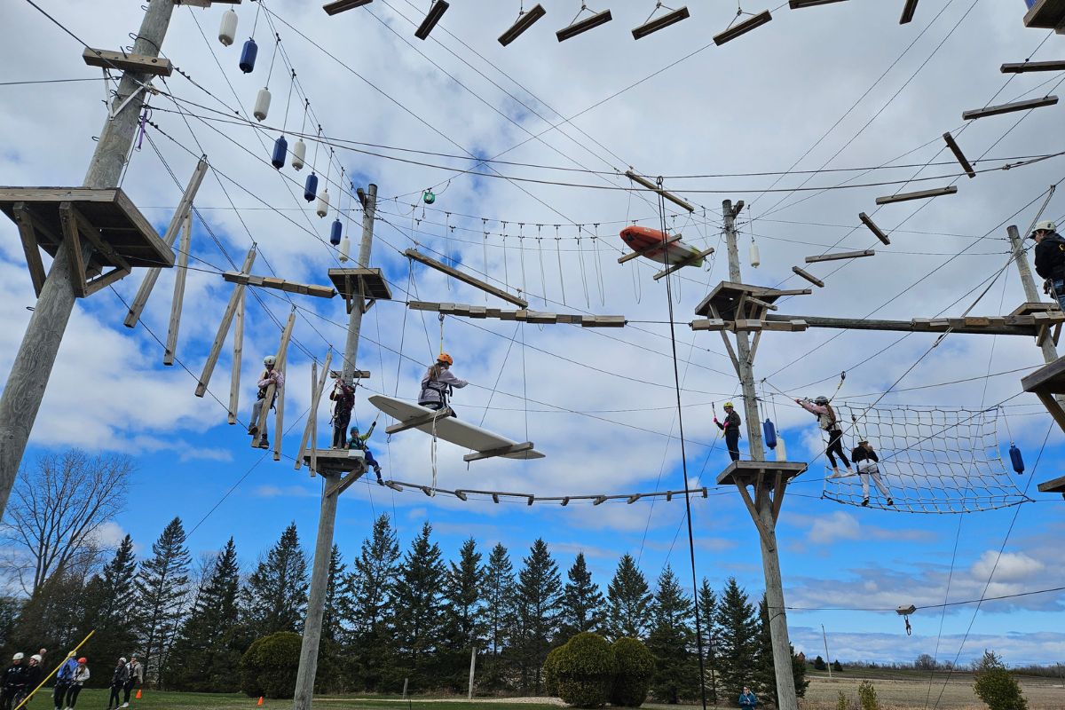 Group of people on an Adventure Park course in Door County, Wisconsin